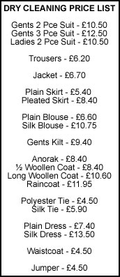 Dry Cleaning Price List